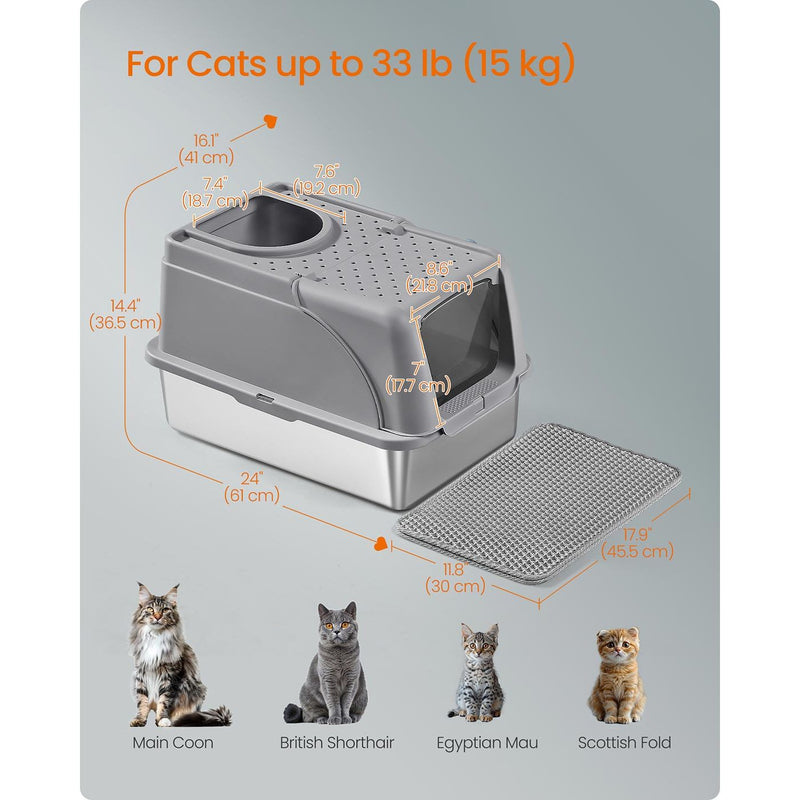 Dimensions diagram showing the litter box size and 15kg maximum cat weight with breed silhouettes