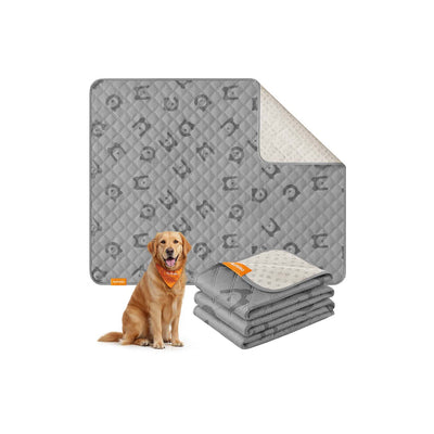 Large Waterproof Dog Blanket in Dove Grey folded with a Golden Retriever sitting alongside by Feandrea