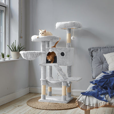 Large white-grey cat tree tower shown from a front angle