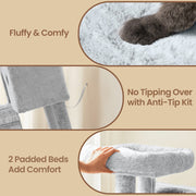 Close-up of the plush perch and anti-tip strap on the cat tree tower