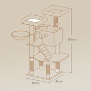 Dimensions diagram of the large white-grey cat tree tower, 49 x 49 x 135 cm