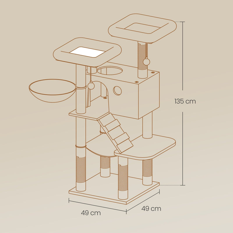 Dimensions diagram of the large white-grey cat tree tower, 49 x 49 x 135 cm