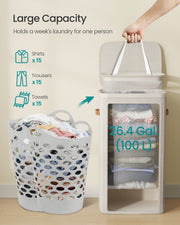 Laundry basket 100L capacity illustration showing shirts, trousers and towels