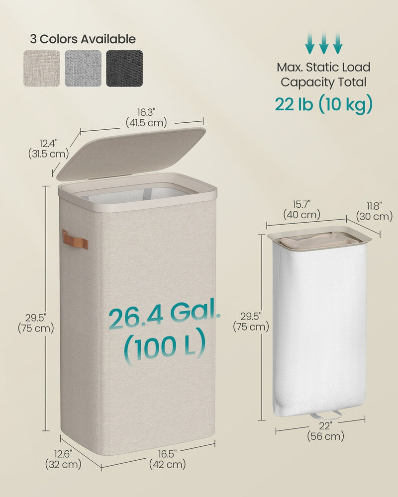 Dimensions diagram showing 42 x 32 x 75 cm laundry basket with load capacity