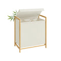 Laundry hamper with 3 compartment bamboo frame and cream white lid open, studio shot