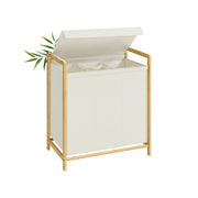 Laundry hamper with 3 compartment bamboo frame and cream white lid open, studio shot