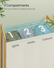 Close-up of the 3 labelled compartments for lights, darks and colours inside the hamper