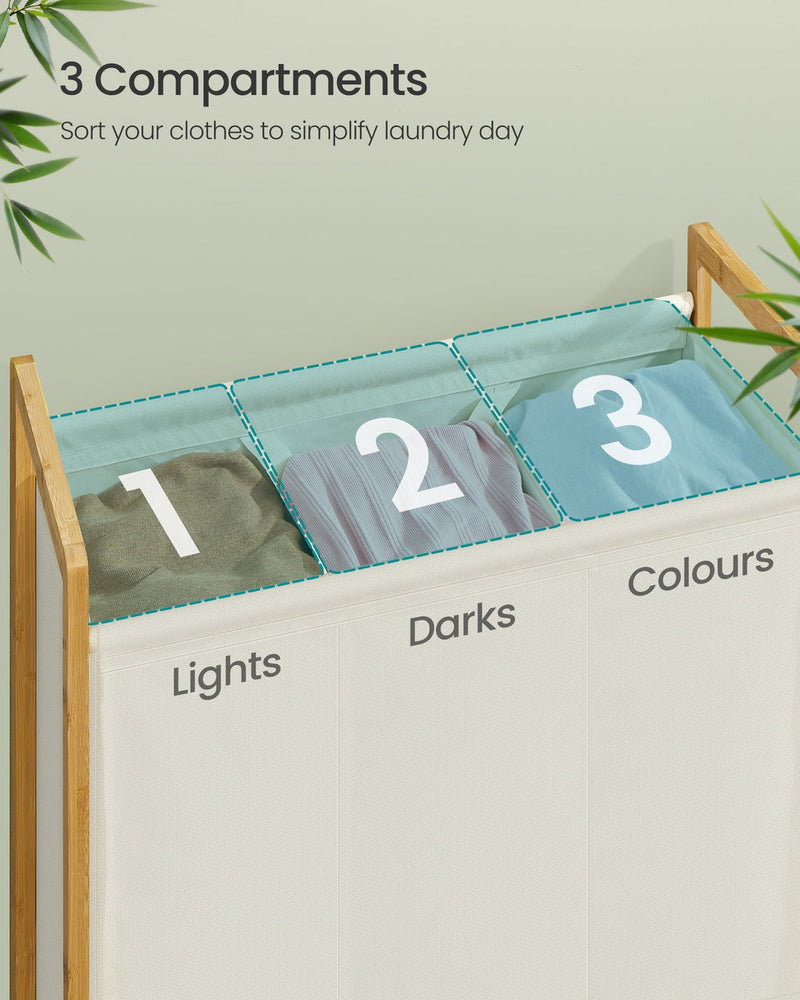 Close-up of the 3 labelled compartments for lights, darks and colours inside the hamper