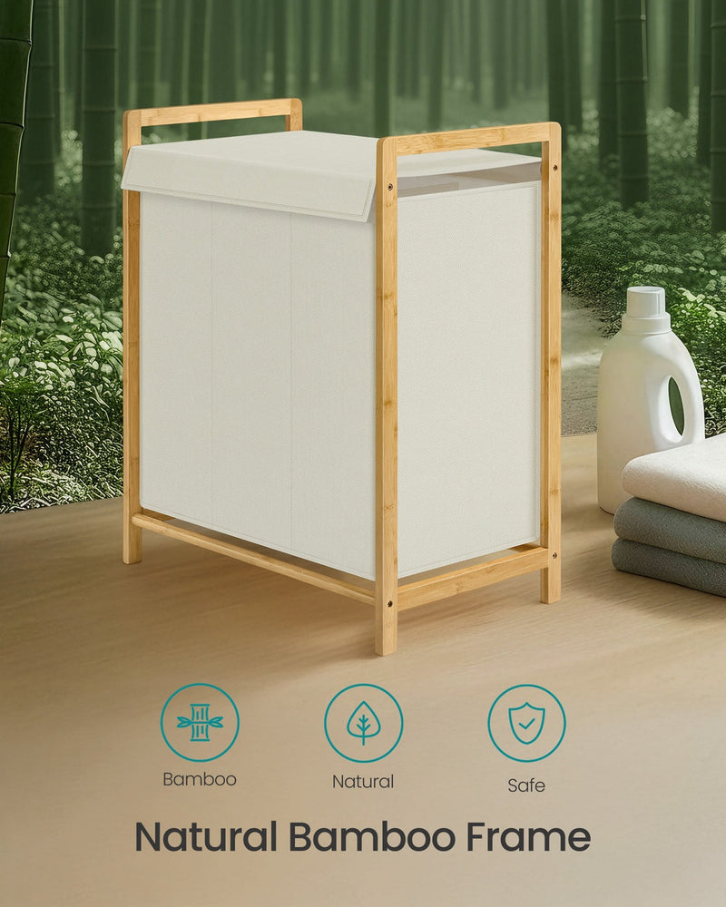 Natural bamboo frame of the laundry hamper shown with a bamboo forest background