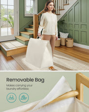 Woman carrying the removable laundry bag through a hallway, with a close-up of the bag lining