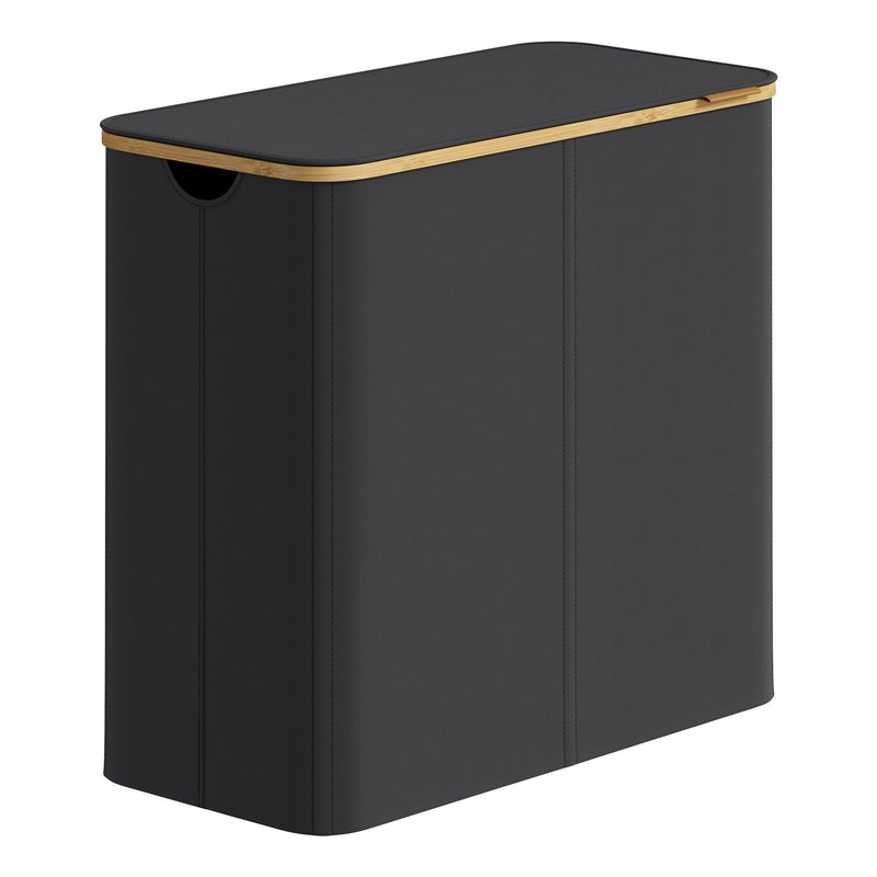 Ink black SONGMICS laundry hamper with bamboo rim and the lid closed, seen from the front corner