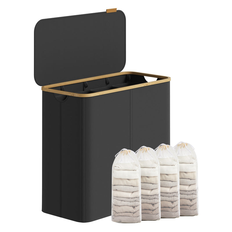 Hamper with the lid open showing 4 divided sections beside 4 filled white mesh liner bags