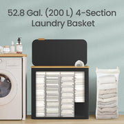 Cutaway graphic showing the 200 L hamper filled across 4 separate sections beside a lifted liner