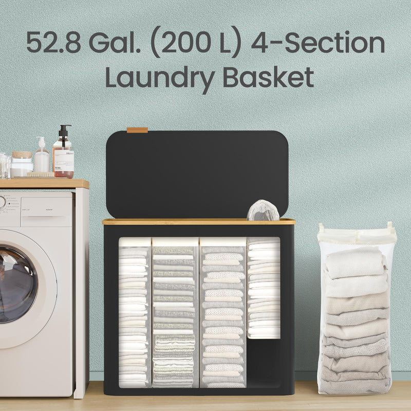 Cutaway graphic showing the 200 L hamper filled across 4 separate sections beside a lifted liner