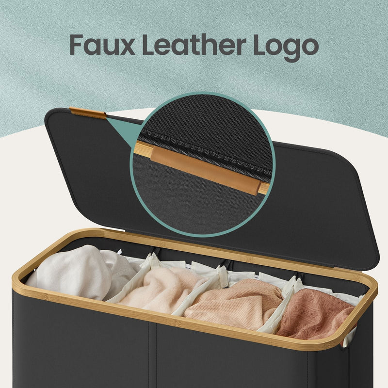 Close-up of the bamboo handle bar on the open hamper lid above the 4 loaded sections