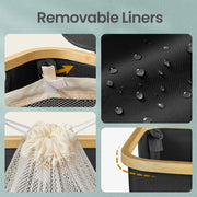 Four close-ups showing the liner fastening tab, water beading on the fabric, a drawstring mesh liner and the bamboo rim corner