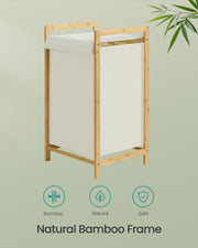 Bamboo laundry hamper frame with cream fabric compartments and safety certification icons