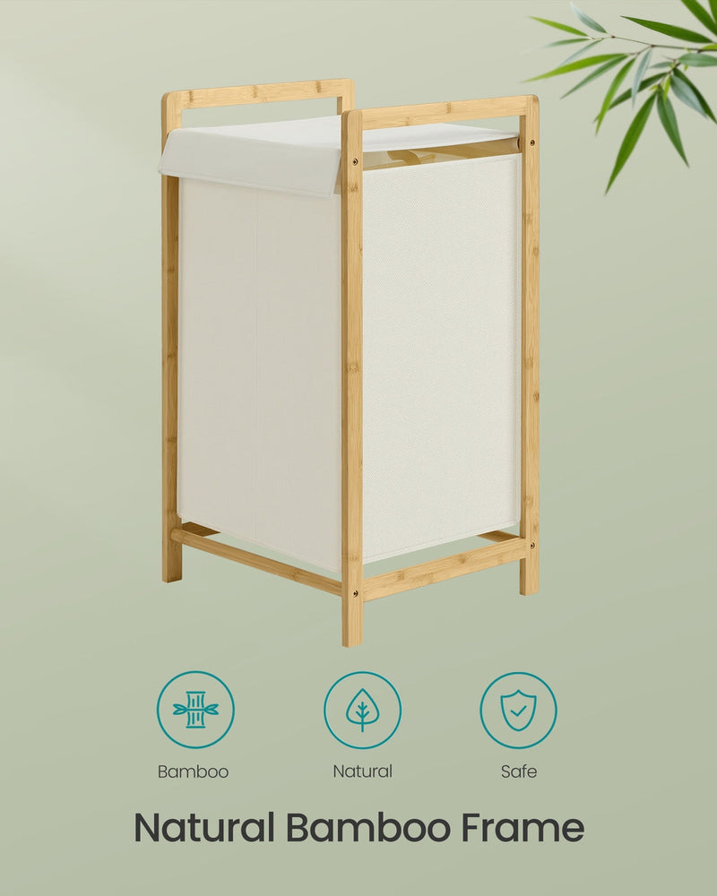 Bamboo laundry hamper frame with cream fabric compartments and safety certification icons