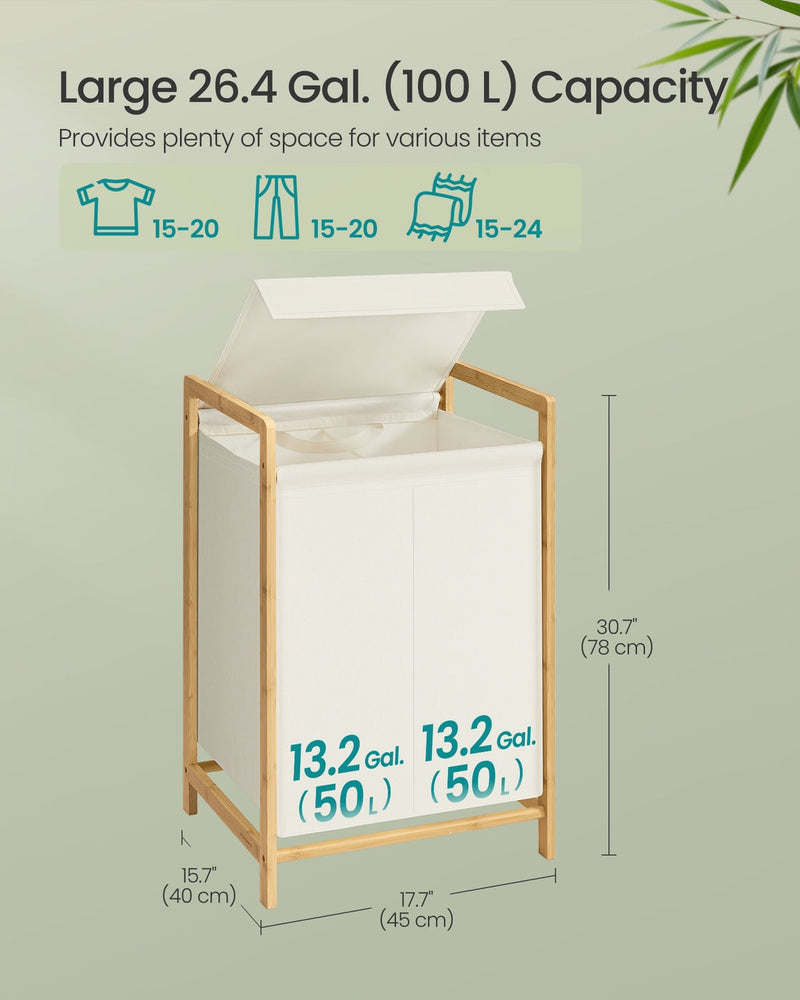 Dimension diagram of the bamboo laundry hamper showing 45 cm width, 40 cm depth, 78 cm height and 100 L total capacity