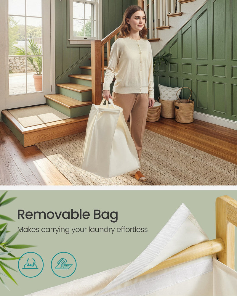 Person carrying the hamper's removable fabric laundry bag by its handles through a hallway