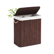 Brown bamboo laundry hamper with the lid open, showing 2 sorting sections