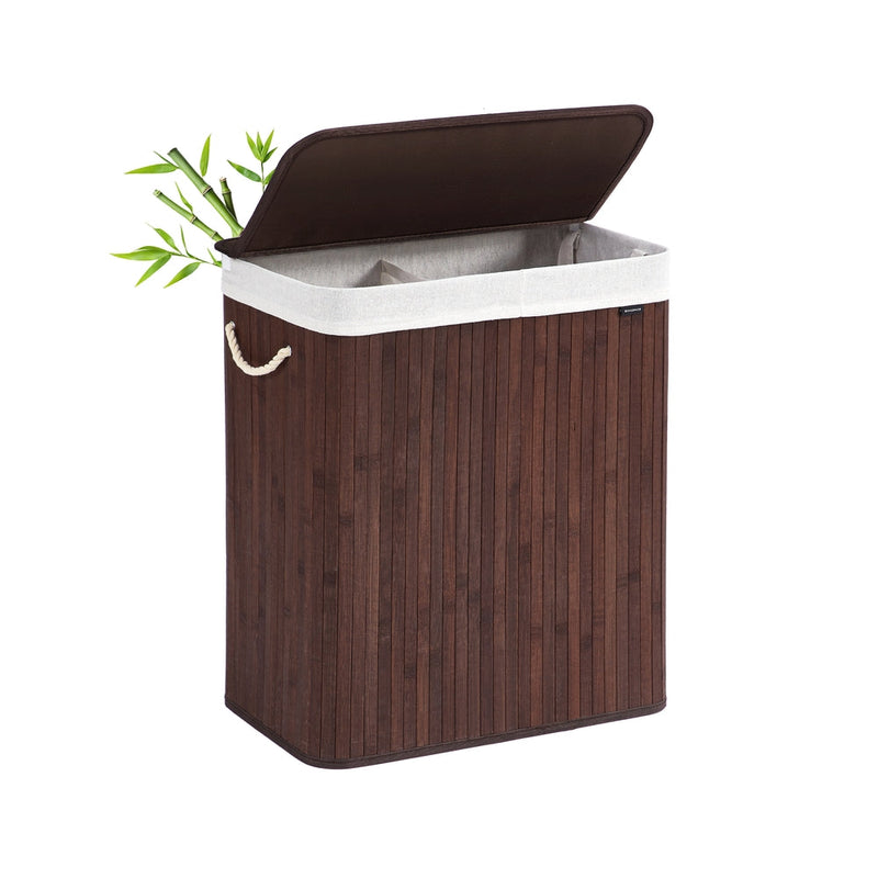 Brown bamboo laundry hamper with the lid open, showing 2 sorting sections