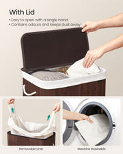 Feature panel showing the one-hand lid and the removable machine washable liner