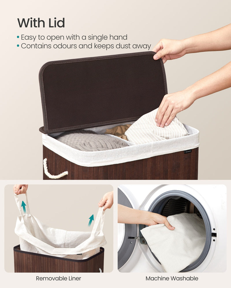 Feature panel showing the one-hand lid and the removable machine washable liner