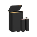 Ink black laundry hamper with bamboo rim, lid open, shown with its 2 removable liners