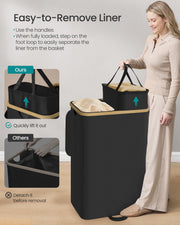 Feature panel showing a liner lifting out of the hamper by its handles