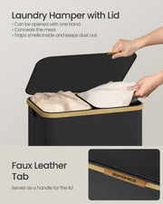 Feature panel showing the one-hand lid and the faux leather lid tab