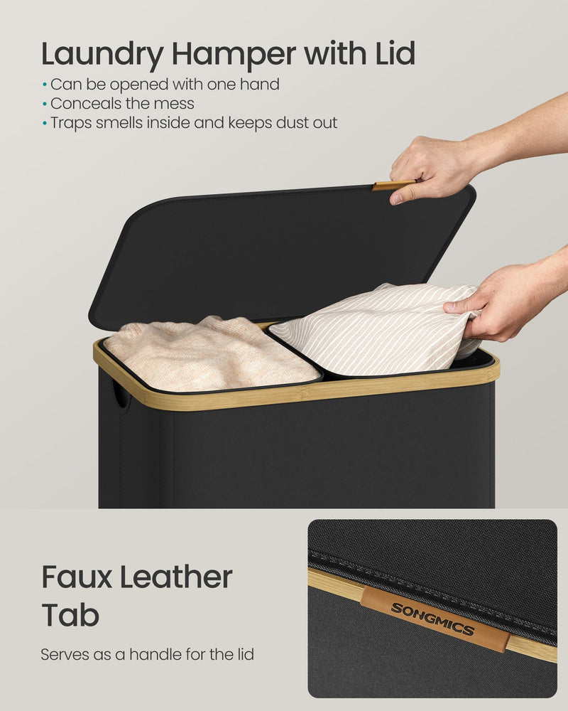 Feature panel showing the one-hand lid and the faux leather lid tab