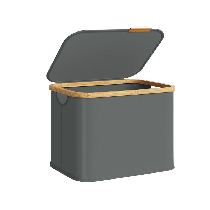 Slate grey lidded storage basket with bamboo rim and the lid open