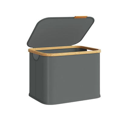 Slate grey lidded storage basket with bamboo rim and the lid open