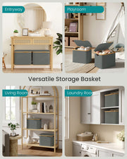 Versatile Storage Basket panel showing use in an entryway, playroom, living room and laundry room