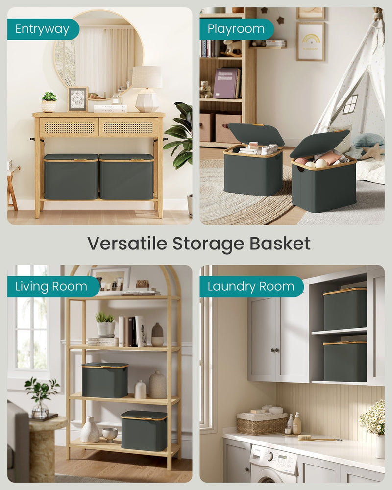 The grey basket used as under-table storage in a hallway and as toy storage in a playroom