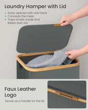 Laundry Hamper with Lid panel with a close-up of the faux leather logo tab