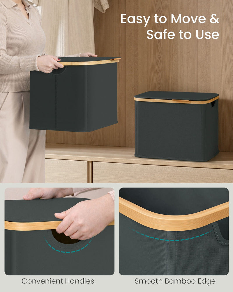 Close-ups of the cut-out carry handles and the smooth bamboo edge
