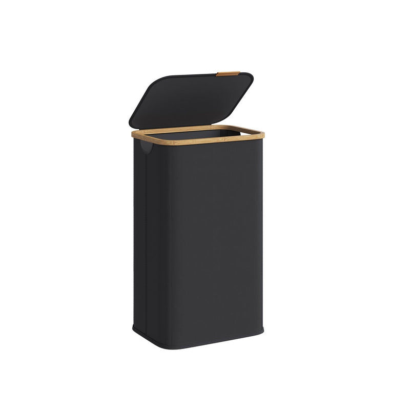 Songmics ink black 100L laundry hamper with lid open, studio shot with bamboo trim