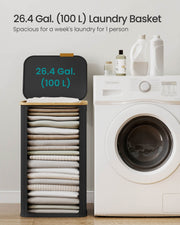 Laundry hamper shown beside a washing machine highlighting its 100 litre capacity