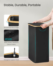 Close-up of the hamper's smooth bamboo edge, 600D water-resistant Oxford fabric, and fibreglass support rods