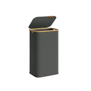 Songmics slate grey 100L laundry hamper with lid open, studio shot with bamboo trim