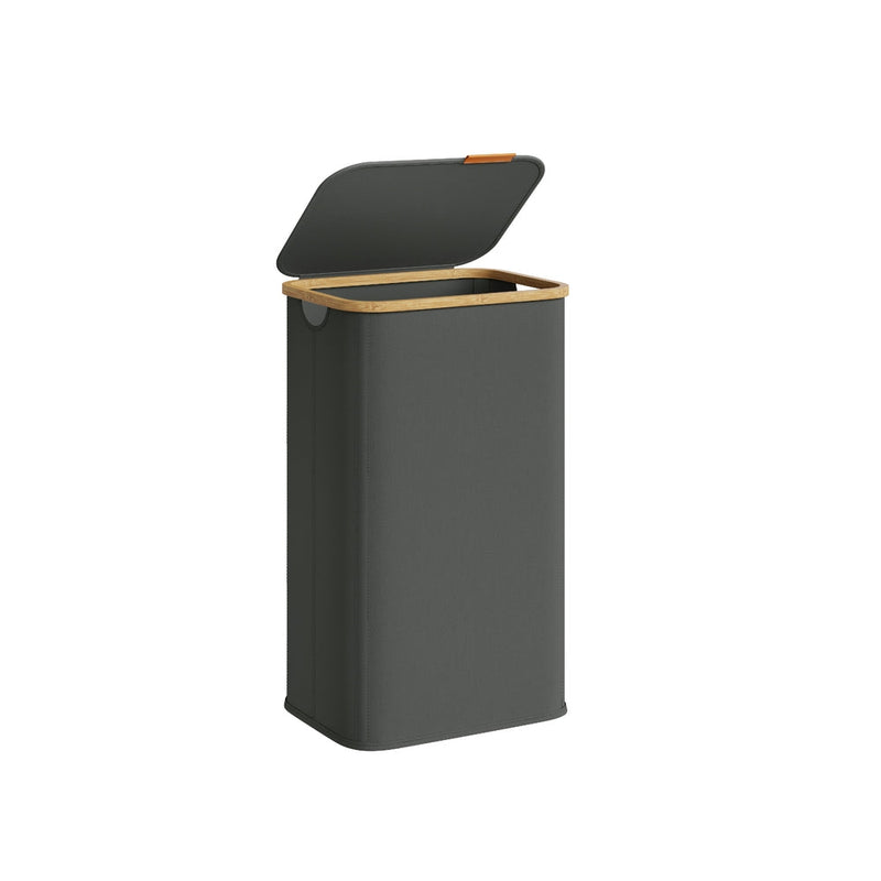 Songmics slate grey 100L laundry hamper with lid open, studio shot with bamboo trim