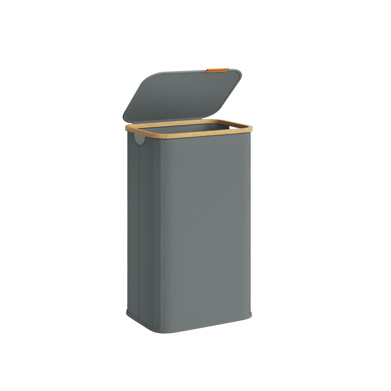 Slate grey laundry hamper studio shot from a front angle showing the bamboo-trimmed lid