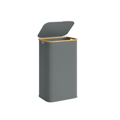 Slate grey laundry hamper studio shot from a front angle showing the bamboo-trimmed lid