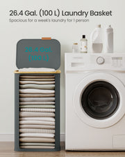 Laundry hamper shown beside a washing machine highlighting its 100 litre capacity