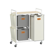 laundry Storage cart with labelled bins on wheels against a white background