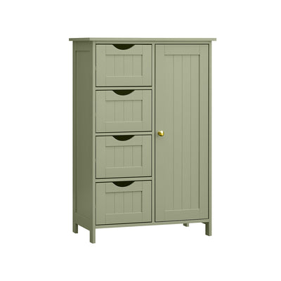 Laurel Green bathroom storage cabinet with 4 drawers and a cupboard door, studio shot