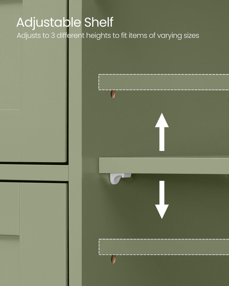 Close-up of the adjustable interior shelf moving between 3 height positions inside the cupboard