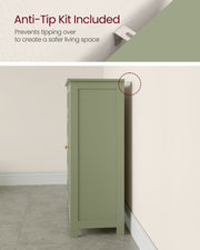 Anti-tip wall fixing bracket shown installed behind the cabinet against a wall